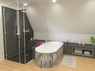 Round bathtub clad with flexible Qboard construction boards and tiles